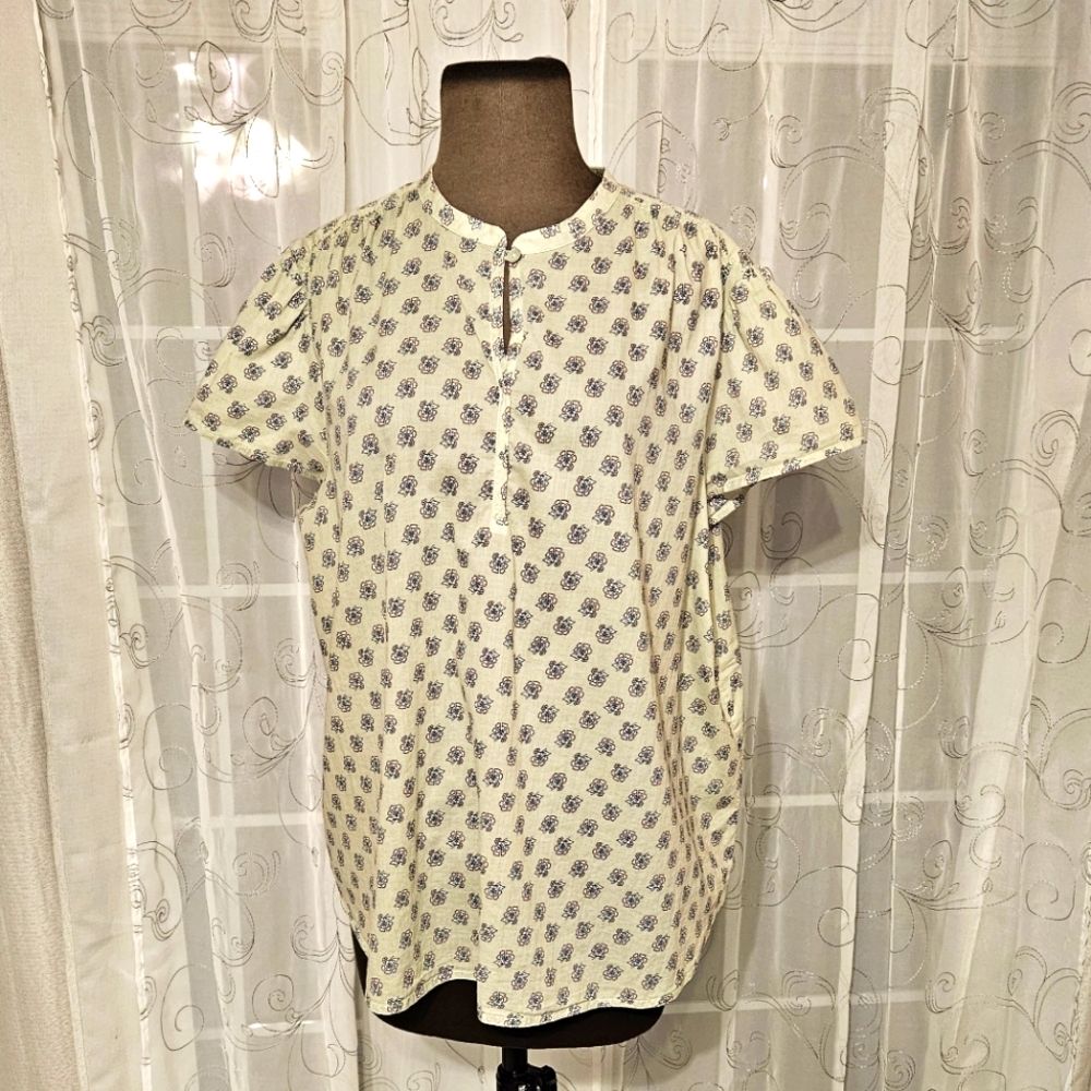 J Jill Floral Cotton Peasant Quiet Luxury Mother of Pearl Button Blouse XL